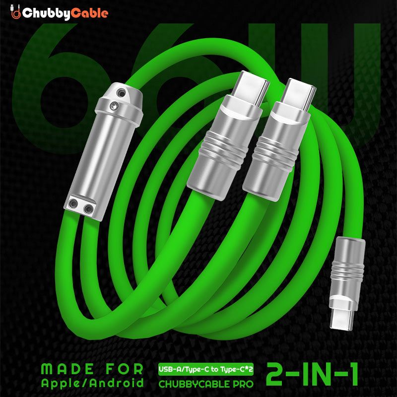 ChubbyCable Pro 2-in-1 green 66W USB-A Type-C to dual Type-C charging cable