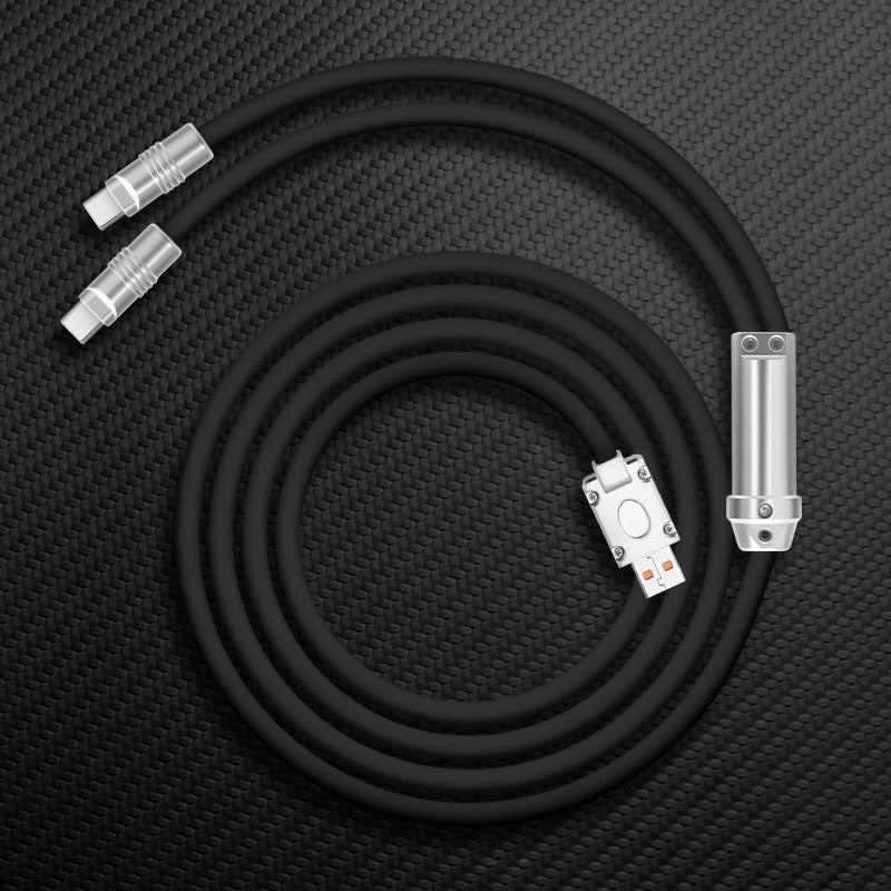 Black heavy-duty 2-in-1 dual USB-C silicone charging cable on carbon fiber background