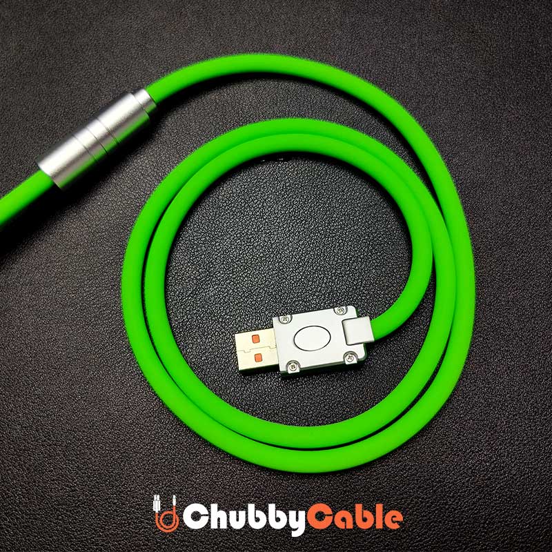 Coiled ChubbyCable green silicone fast charging cable with durable metal USB connector