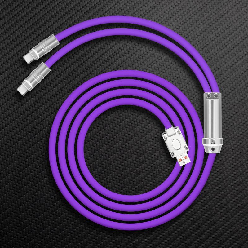 Purple custom keyboard cable coiled with silver aviator attachment