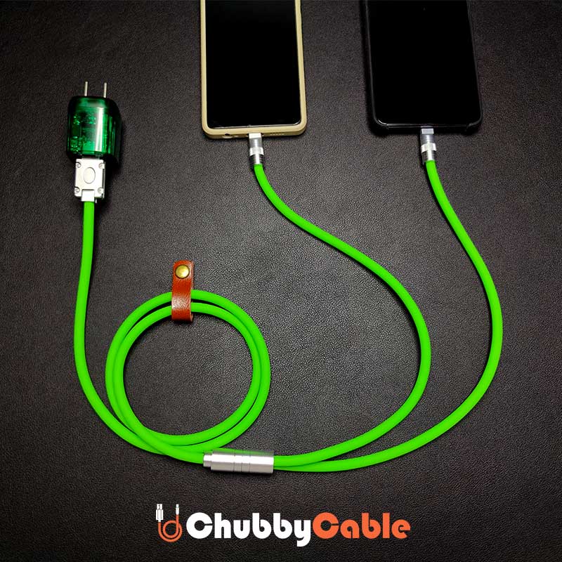 ChubbyCable neon green dual Type-C splitter cable charging two smartphones