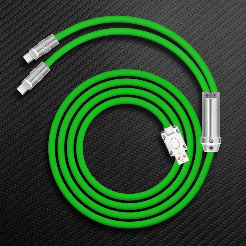 Bright green custom keyboard cable featuring metal aviator connector