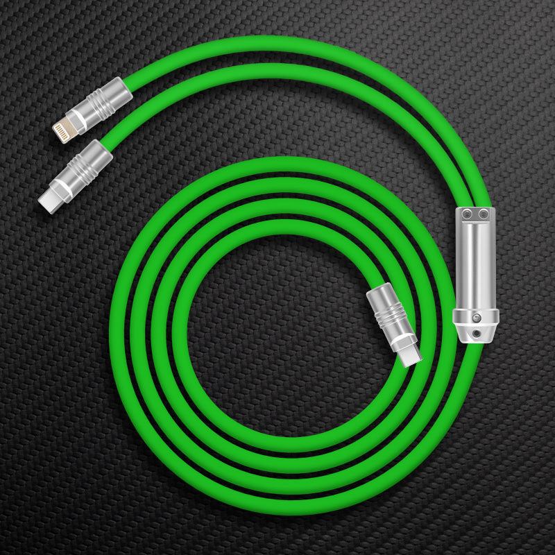 Coiled bright green multi-head charging cable with metal connectors.
