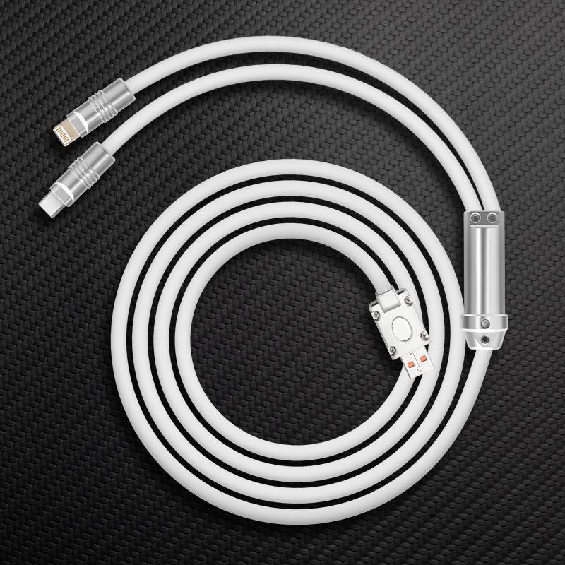Coiled white multi-head charging cable with sleek metal connectors.