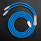 Coiled blue multi-head charging cable with USB-A and metal connectors.