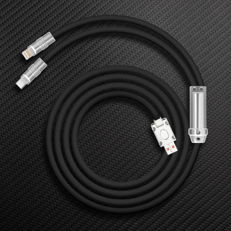 Coiled matte black multi-head charging cable with metal connectors.