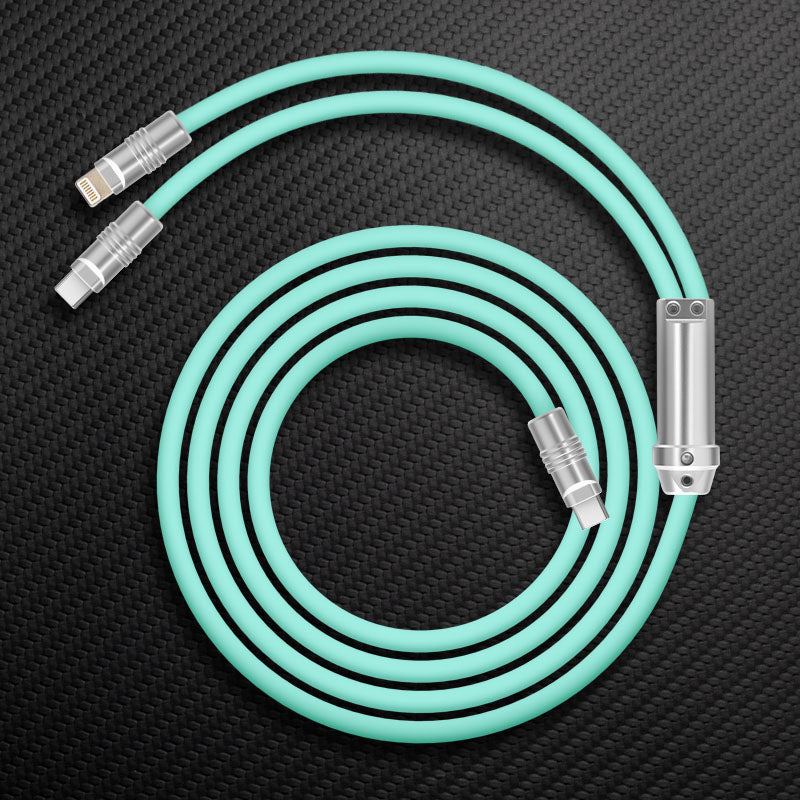 Coiled mint green multi-head charging cable with metal connectors.