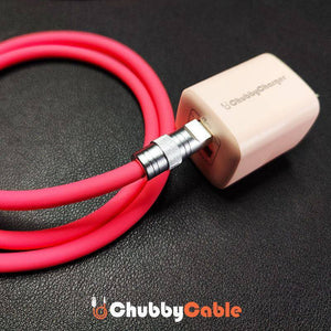 Thick red ChubbyCable plugged into a white ChubbyCharger wall adapter