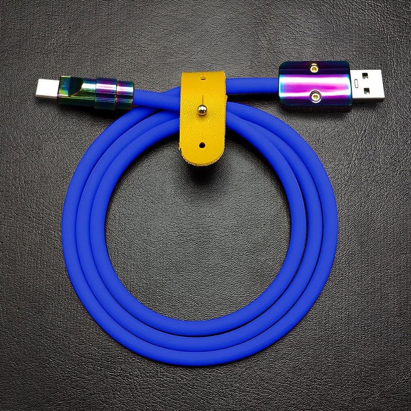 Coiled royal blue Chubby Cable USB-A to USB-C with yellow leather strap