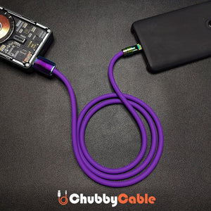Purple Chubby Cable connecting a transparent power bank to a smartphone