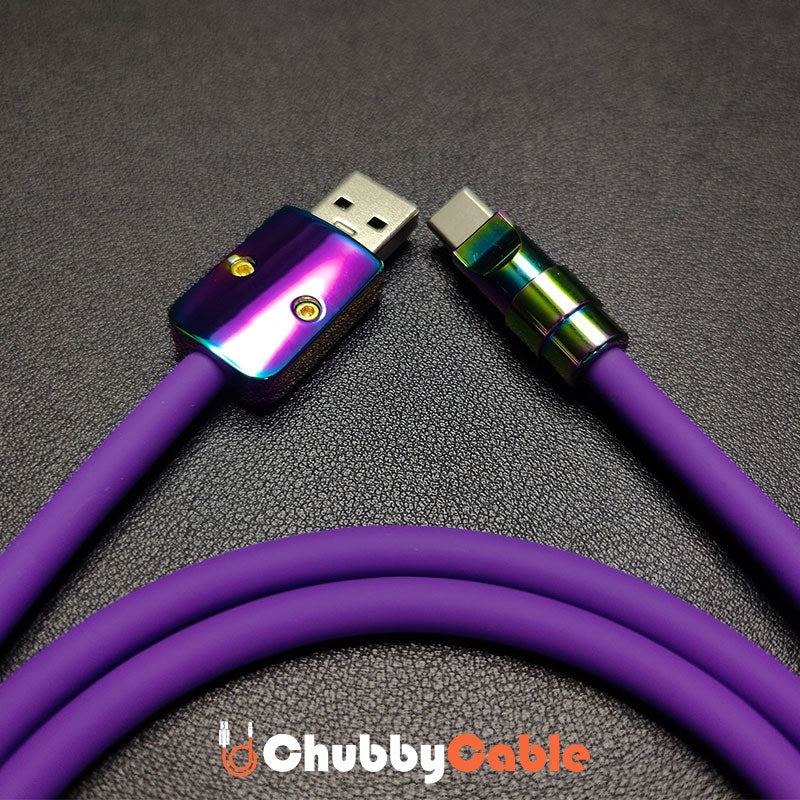 Detailed view of Chubby Cable purple USB-A and USB-C iridescent connectors