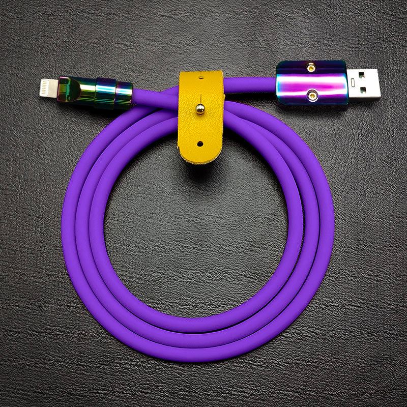 Purple Chubby Cable USB to Lightning with rainbow connectors and yellow strap