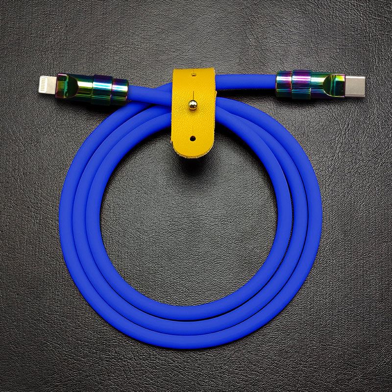 Coiled royal blue Chubby Cable Lightning to USB-C with yellow leather strap