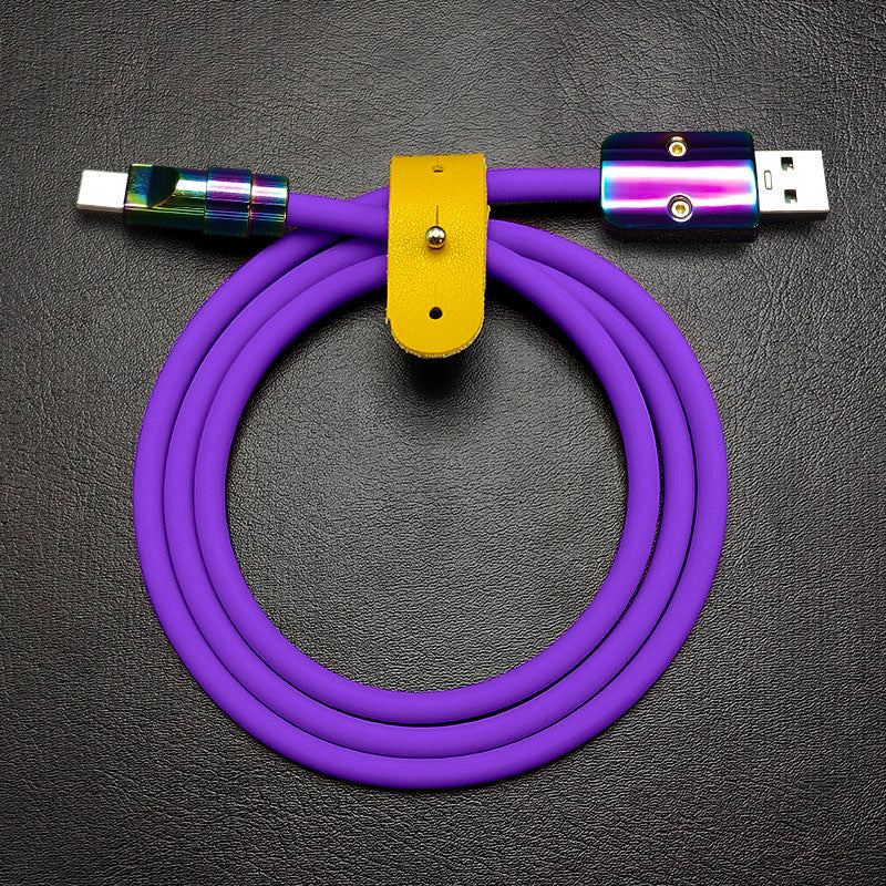 Coiled purple Chubby Cable USB-A to USB-C with yellow leather strap