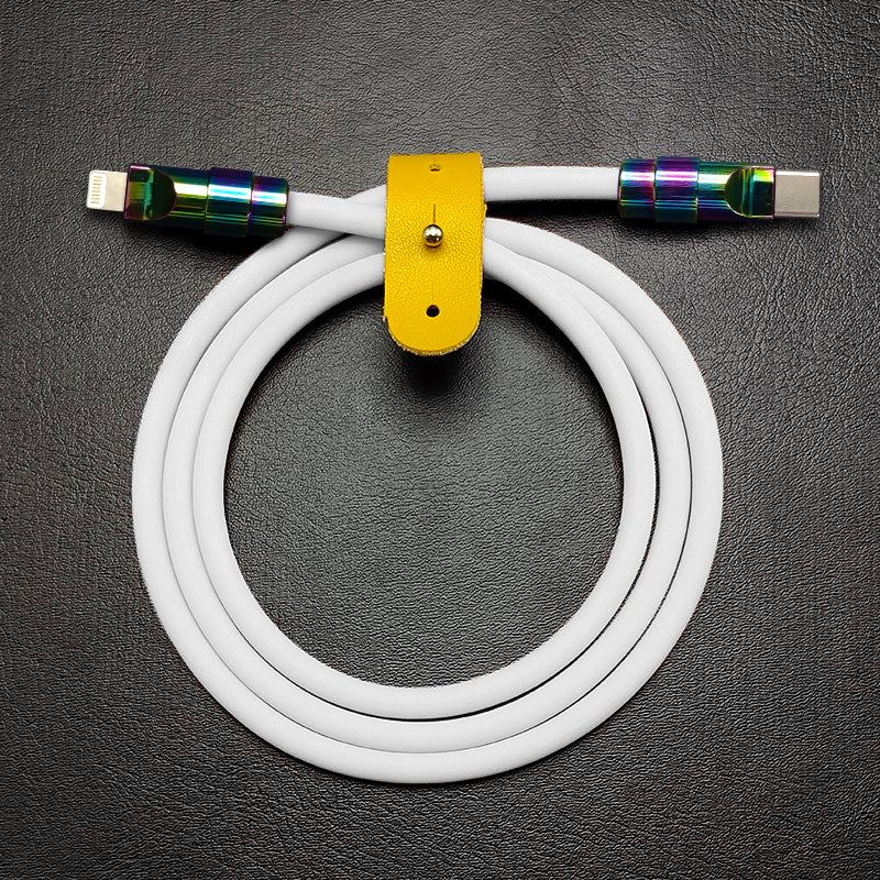 White soft silicone Type-C data cable with colorful iridescent metal tips.