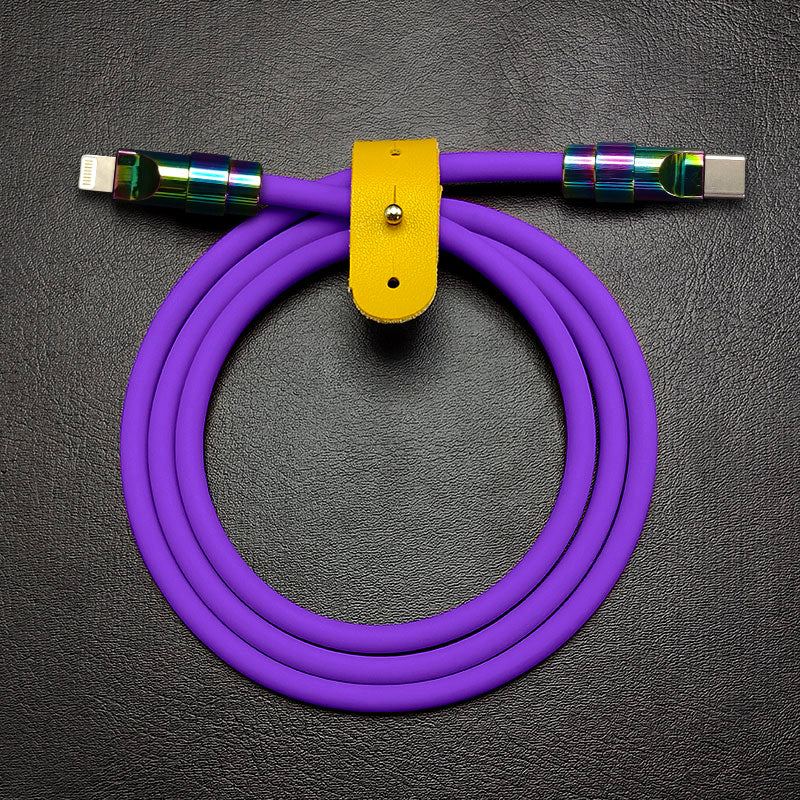Purple Chubby Cable USB C to Lightning with rainbow connectors and yellow strap