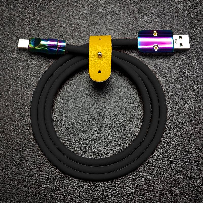 Black Chubby Cable USB to USB C with rainbow connectors and yellow strap