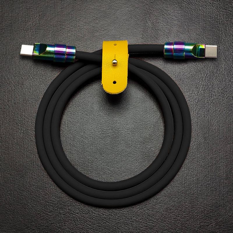 Black Chubby Cable USB C to USB C with rainbow connectors and yellow strap