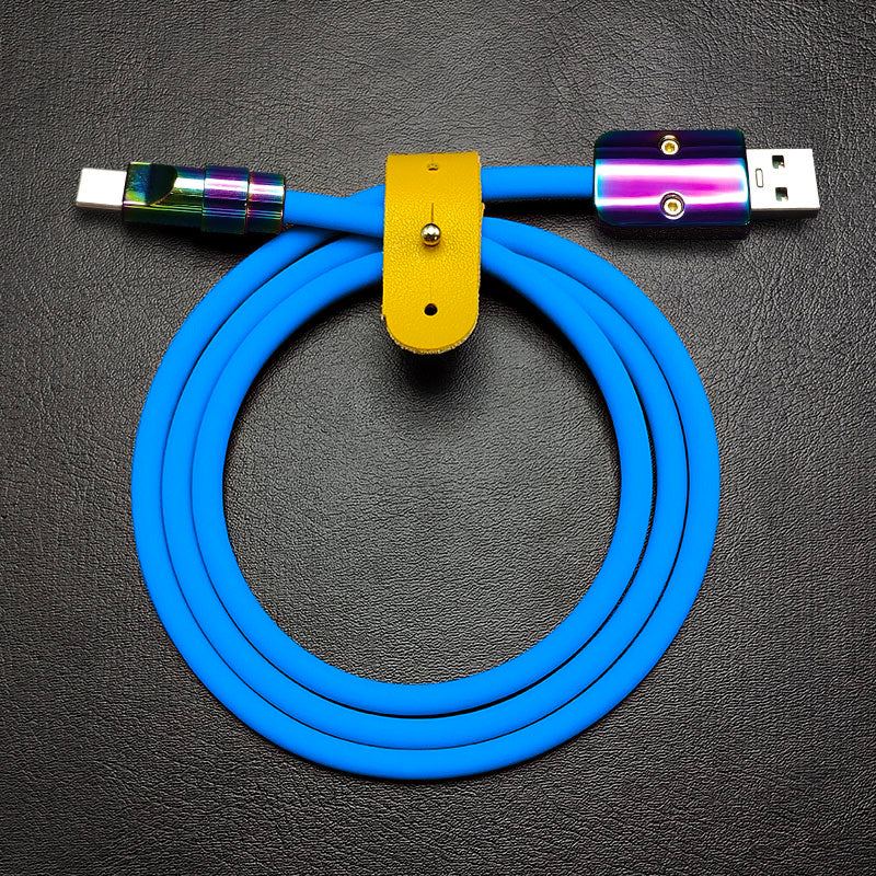 Blue silicone USB to Type-C cable with rainbow electroplated connector shells.