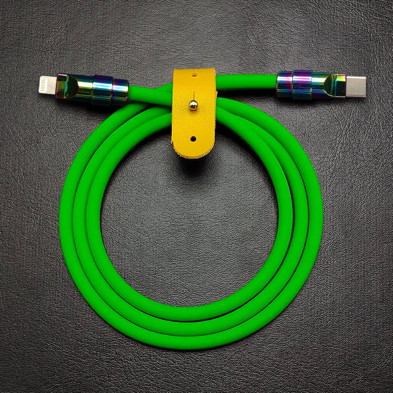 Bright green silicone type-C fast charging cable with iridescent connectors.