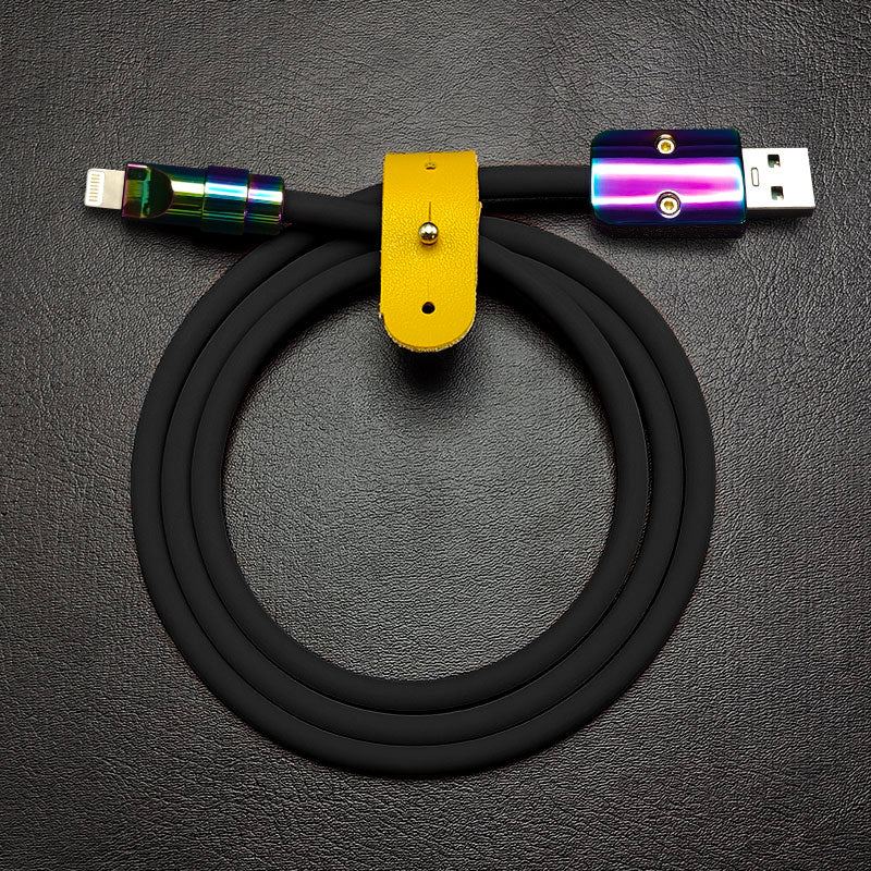 Black Chubby Cable USB to Lightning with rainbow connectors and yellow strap