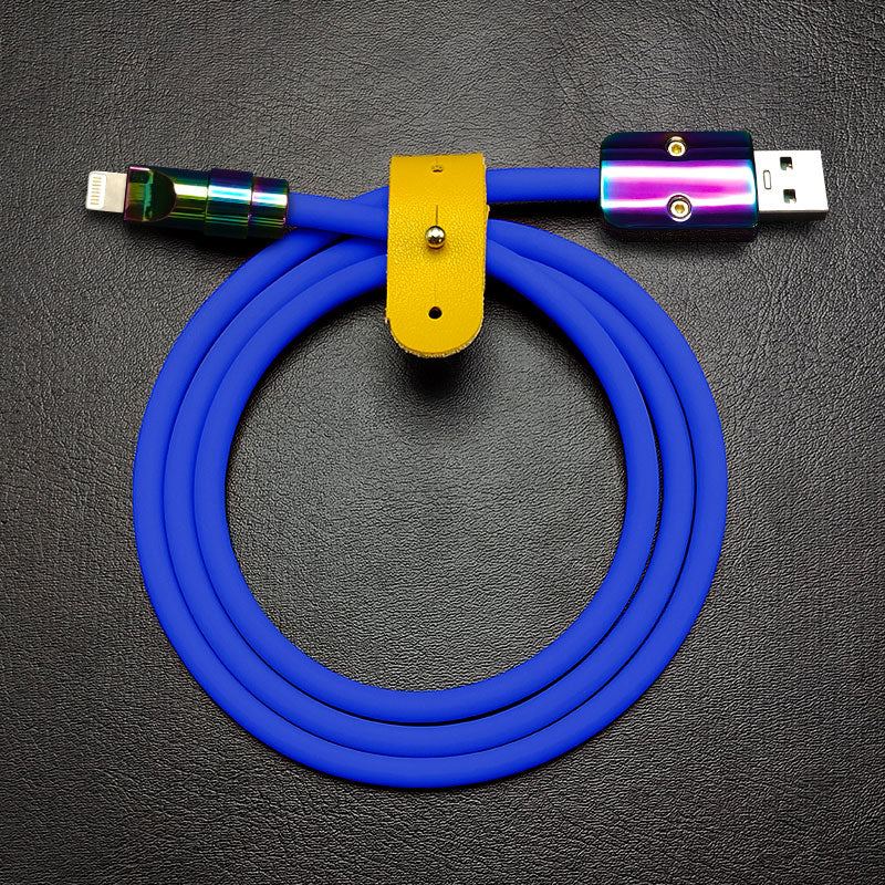 Coiled royal blue Chubby Cable Lightning to USB-A with yellow leather strap