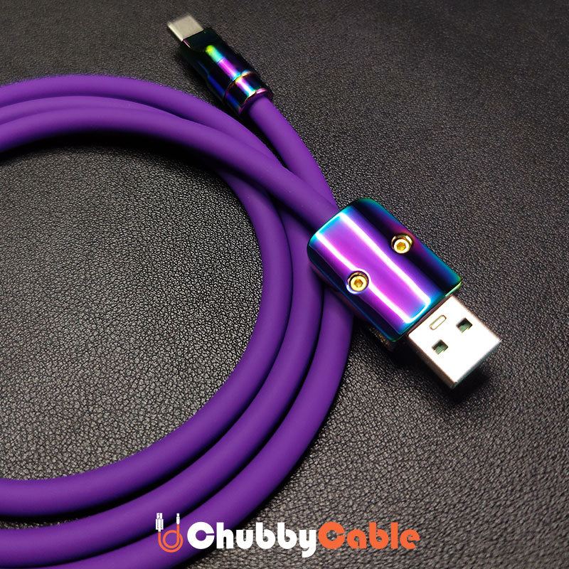 Close-up of purple Chubby Cable USB-A connector with iridescent metal housing