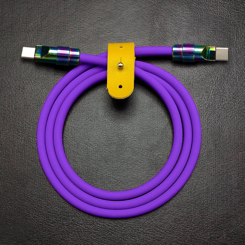 Coiled purple Chubby Cable USB-C to USB-C with yellow leather strap
