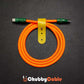 Orange braided Chubby Cable USB-C with dark green connectors and yellow leather strap