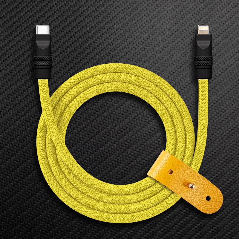 Yellow braided USB-C to Lightning Chubby Cable with black connectors and strap