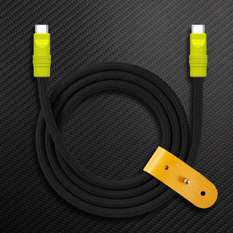Black braided USB-C to USB-C Chubby Cable with yellow connectors and strap