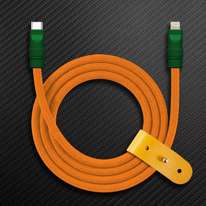 Orange braided USB-C to Lightning Chubby Cable with green connectors and strap