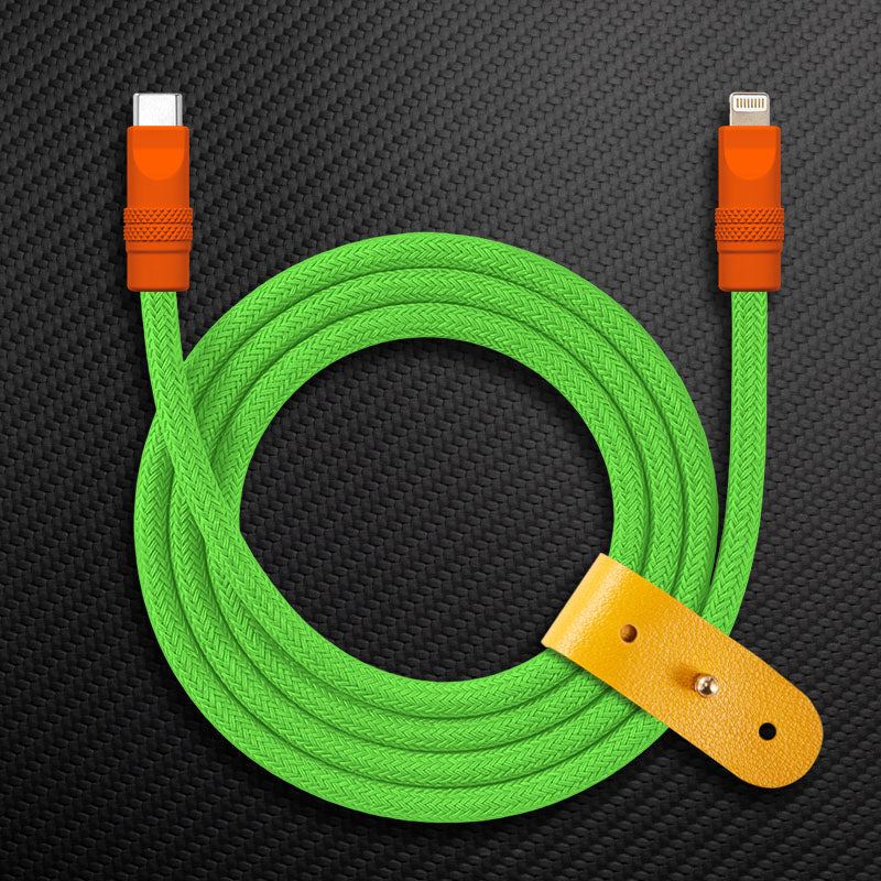 Light green braided USB-C to Lightning Chubby Cable with orange connectors and strap