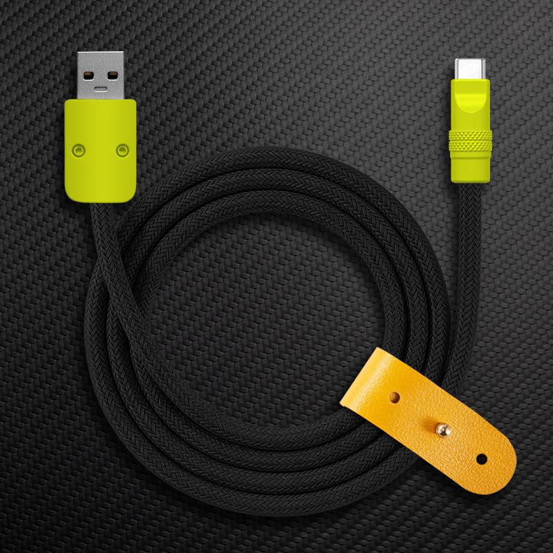 Black braided USB-A to USB-C Chubby Cable with yellow connectors and strap