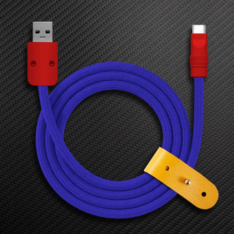 Blue braided USB-A to USB-C Chubby Cable with red connectors and strap