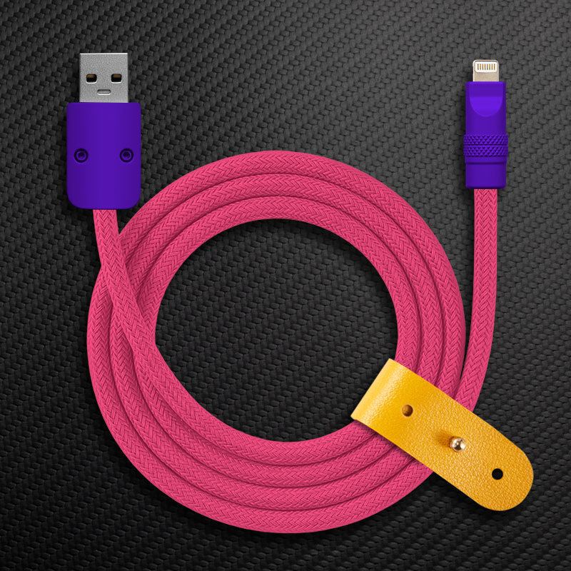 Pink braided USB-C to Lightning Chubby Cable with purple connectors and strap