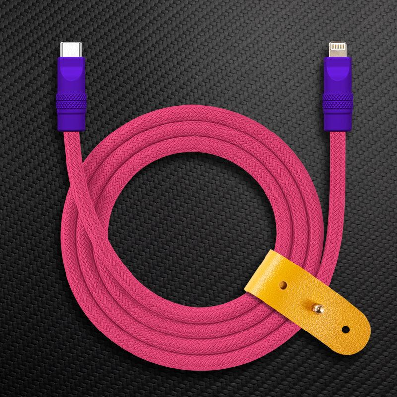 Pink braided USB-C to Lightning Chubby Cable with purple connectors and strap