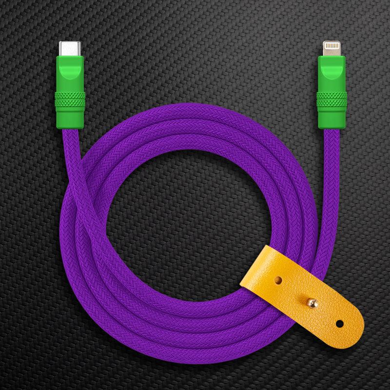 Purple braided USB-C to Lightning Chubby Cable with green connectors and strap