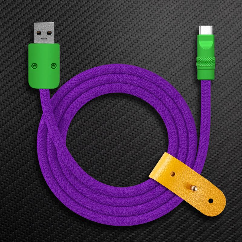 Purple braided USB-A to USB-C Chubby Cable with light green connectors and strap