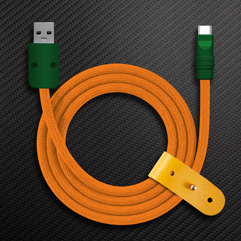 Orange braided USB-A to USB-C Chubby Cable with green connectors and strap