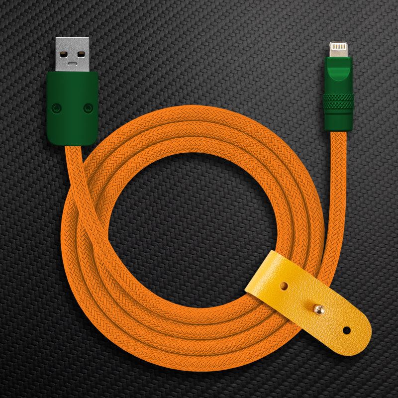 Orange braided USB-C to Lightning Chubby Cable with green connectors and strap
