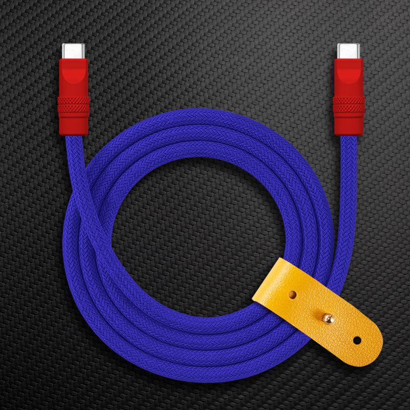 Blue braided USB-C Chubby Cable with red connectors and yellow strap