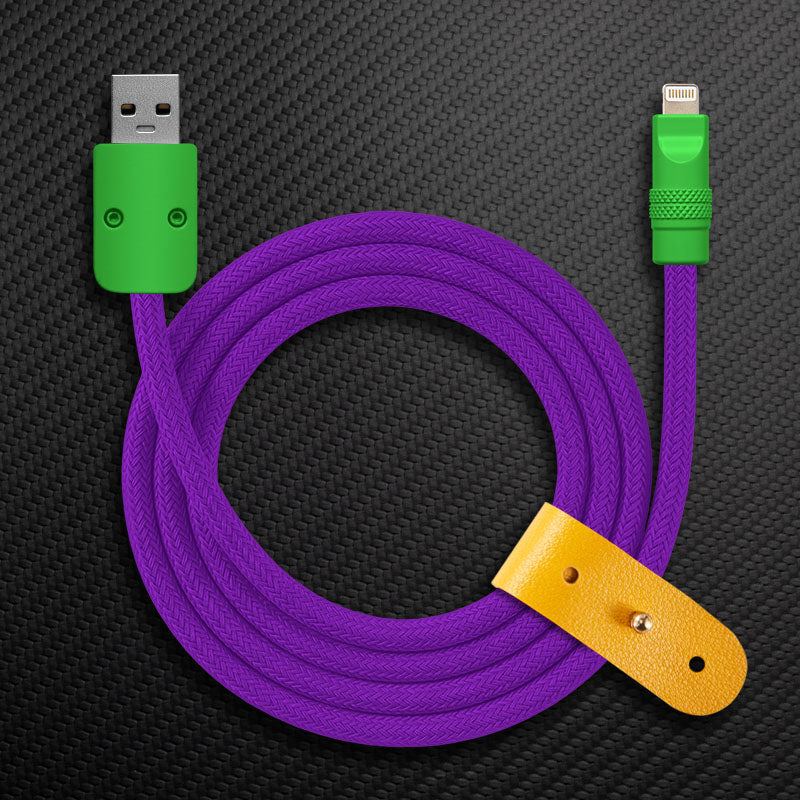 Purple braided USB-C to Lightning Chubby Cable with light green connectors and strap