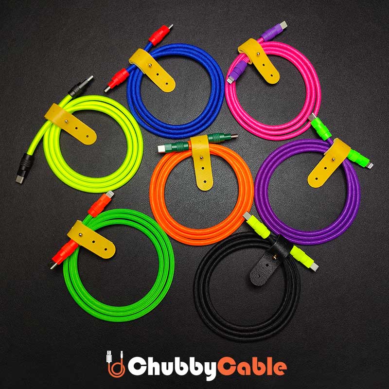 Flat lay of colorful braided Chubby Cables in blue, pink, green, orange, purple, and black