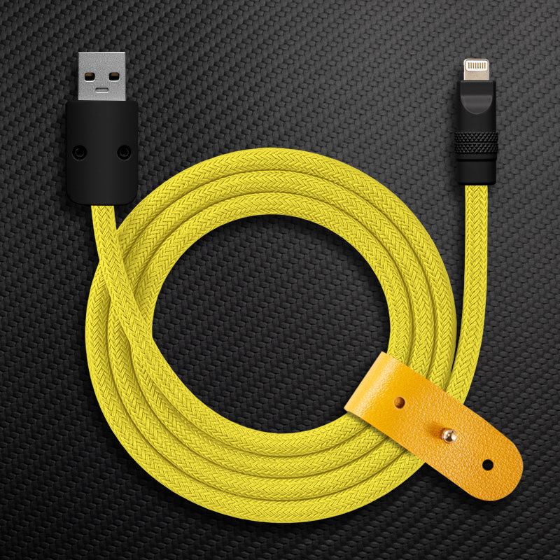 Yellow braided USB-C to Lightning Chubby Cable with black connectors and strap