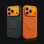 Black and orange textured magnetic phone cases side-by-side.