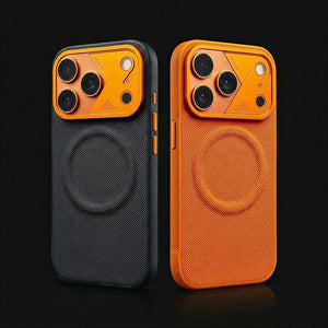 Black and orange textured magnetic phone cases side-by-side.