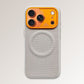 Off-white textured phone case with orange camera module.