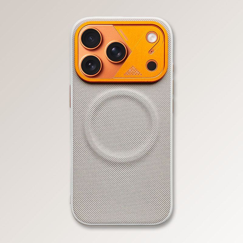 Off-white textured phone case with orange camera module.