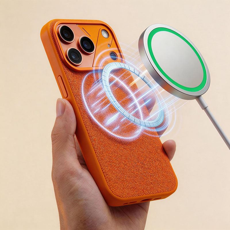 Magnetic wireless charger snapping onto orange phone case.